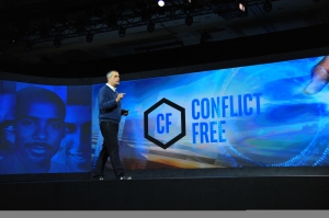 In this photo released by Intel Corporation, Brian Krzanich, Intel's Chief Executive Officer confirms that the company’s broader product base – beyond just microprocessors – will be “conflict free” in 2016*.  He also said that maintaining accountability in the supply chain is an ongoing process for Intel during his keynote presentation at 2016 CES (Consumer Electronics Show) on Tuesday, January 5, 2016 in Las Vegas, Nevada.  CES is one of the world’s largest gathering places for all who thrive on consumer technologies and will run January 5-9, 2016 in Las Vegas. (Photo by Intel Corporation/Bob Riha, Jr.) **"Conflict free" and "conflict-free" means "DRC conflict free", which is defined by the U.S. Securities and Exchange Commission rules to mean products that do not contain conflict minerals (tin, tantalum, tungsten and/or gold) that directly or indirectly finance or benefit armed groups in the Democratic Republic of the Congo (DRC) or adjoining countries. Our “conflict-free” statements in this press release may not apply to products of Altera Corporation, which we recently acquired on December 28, 2015. We also use the term "conflict-free" in a broader sense to refer to suppliers, supply chains, smelters and refiners whose sources of conflict minerals do not finance conflict in the DRC or adjoining countries. Additional information about Intel's conflict-free efforts is available at conflictfree.intel.com.